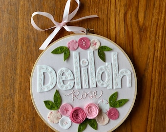 8" FELT NAME GIRLS- Personalized Girl's Name Embroidery Hoop Art made with Felt Flowers and Fabric by Miss Tweedle