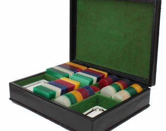 Rare Vintage Gucci Black Leather Game Case with Cards Poker Chips GG Logo 1970s