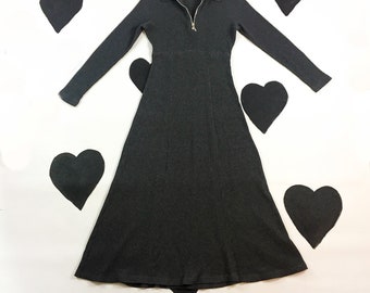 90s Grey Thermal Waffle Maxi Dress / Long Sleeve / Zipper / Grunge / Sporty / Delias / Goth / Empire Waist / Club Kid / Textured / Moda