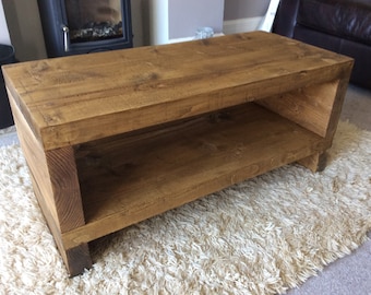 Handcrafted Chunky rustic reclaimed Wooden coffee table tv stand/cabinet in oak wax.