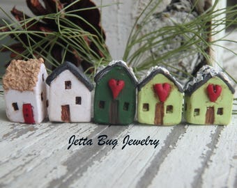Orphan Houses- polymer clay house bead, tiny winter house bead. slant roof. heart house. rustic woodland polymer house bead. Jettabugjewelry