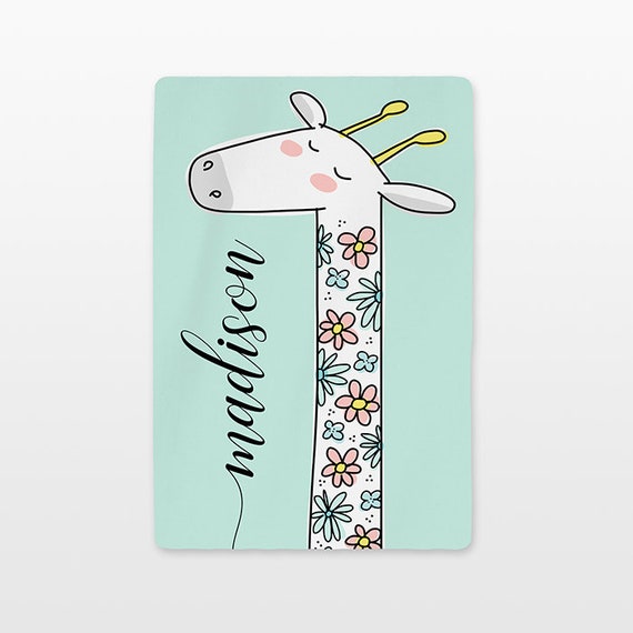 Floral Giraffe Baby Blanket Personalized Name Custom Unisex Baby Girl Baby Boy Kids Minky Fleece Newborn Gift Idea Flowers Cute Mint Green