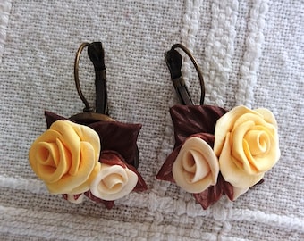 Vintage earrings, Yellow and brown roses earrings, Vintage roses earrings, Beautiful earrings, Elegant earrings, Vintage jewelry, Earrings