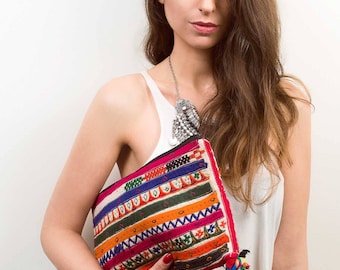 Banjara Clutch Bag,Vintage Indian Bag,Bohemian,Colorful Summer Bag,Zip Closure, Pom Pom Bag