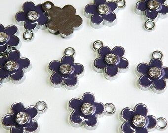 10 Cute Purple enamel flower charm with rhinestone center silver finish 16x12mm DB22019P