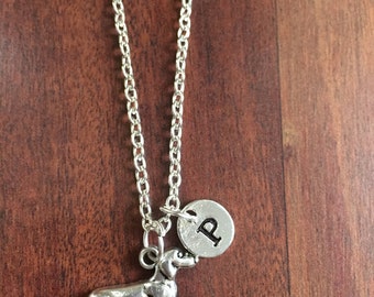 Dachshund initial necklace, Dachshund jewelry, Dachshund Dog jewelry, dog breed necklace, silver Dachshund, Dachshund jewelry
