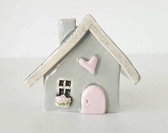 Light Gray House with Light Pink Door | Little Clay House Whimsical | Ceramic Fairy House Gnome Home | Whimsical Terrarium Decoration