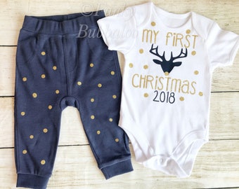 CLEARANCE Baby Boy First Christmas Vest Bodysuit, Trousers Joggers Outfit Photoshoot Baby Boys Custom Top 1st Reindeer Stag Head Navy