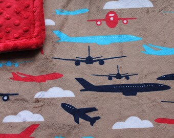 Minky Blanket Airplane Transportation Print Minky with Red Dimple Dot Minky Backing - Perfect Size a Toddler or Child