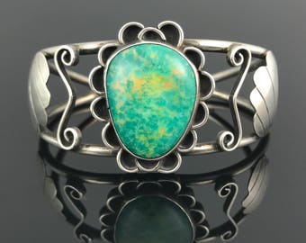 Unusual Turquoise Sterling Cuff Bracelet Native American Navajo Signed - RA