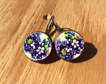 Purple Flowers in Bloom: Wood French Lever Earrings