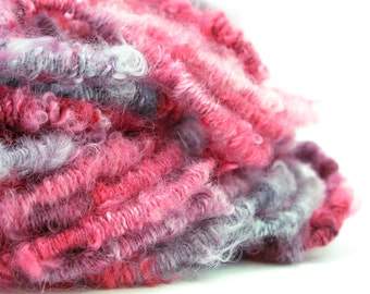 Coilspun Yarn, Bulky Yarn, Textured Yarn, Handspun Yarn, Art Yarn, Wensleydale Yarn, Corespun Yarn, Red Yarn, Gray Yarn, RASPBERRY TWIST