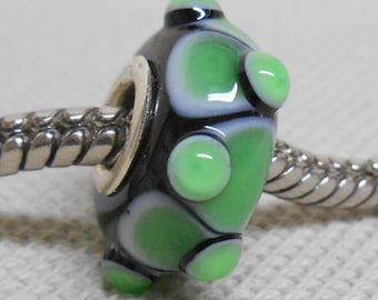 SRA Handmade Lampwork Bead Silver Cored Bead Black with Light Green Design and Raised Dots