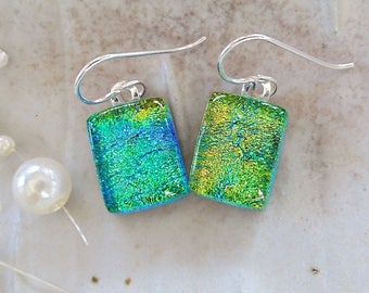 Green Earrings, Gold, Petite, Dichroic Glass Earrings, Fused Glass Jewelry, Dangle, Sterling Silver, A12