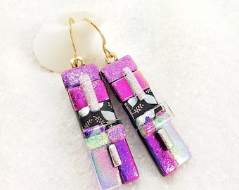 Dichroic fused glass earrings, dichroic jewelry, glass earrings, rainbow earrings, pink jewelry, trending now, fused glass, dichroic glass