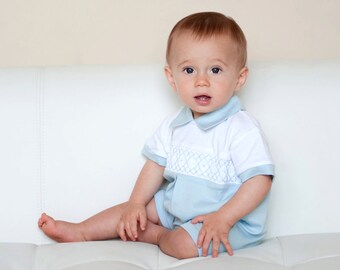 Baby Boys Organic Pima Cotton Smocked Romper with Hand Embroidery Christening