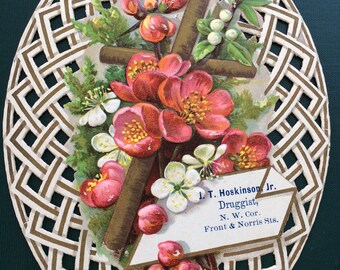 Easter Victorian Trade Card Eggs embossed with intricate cutwork Roses Snow Drops Cross