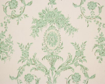 1960s Vintage Wallpaper Turquoise Rose Medallion and Scroll by the Yard
