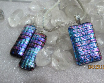 Dichroic Glass Pendant and Earrings- Fused Glass Pendant and Earrings , Silver Mesh Chain included - Silver Bail