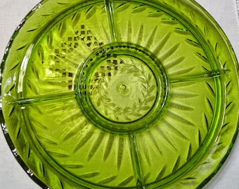 Vintage Avocado Green Glass Relish Dish Tray Platter Indiana Glass Retro Glassware PanchosPorch