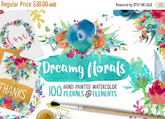 70% OFF Sale Dreamy Florals Watercolor Clipart Bundle - Hand Painted flowers, leaves, wreath, and more