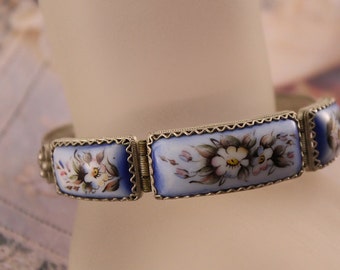 Russian Enamel Rostov Finift Silver over Copper Bracelet, Vintage Handpainted Flower Enamel Bracelet
