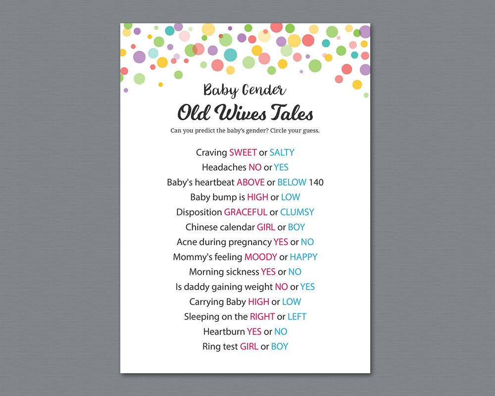 Rainbow Dots Old Wives Tales Gender Reveal Baby Shower Game