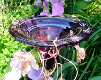 HUMMINGBIRD FEEDER, stained glass, copper, Dusty Rose and Plum, Bird Feeder, garden decor, garden stake