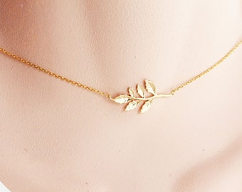 Gold Leaf Necklace, Sideways Leaf Necklace, Tree Stem Necklace, Choker Necklace, Branch, Simple, Bridesmaid Gift