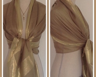 Taupe Gold Lurex Sheen Stripe Pashmina Shawl Wrap Scarf Weddings, Proms Gift Idea Extra Long/Extra Wide