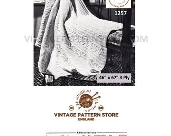 1970s, cable afghan throw in 3 ply - 46" x 67" - Vintage PDF Knitting Pattern 1257