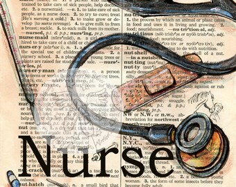 PRINT: Nurse Mixed Media Drawing on Distressed, Dictionary Page