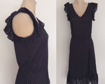 1970's Black Polka Dot Polyester Dress Size Medium Large by Maeberry Vintage