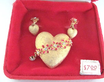 Vintage Heart Brooch, Heart Earrings, 1960's Mylu Heart Brooch, Clip On Earrings, Gold Heart Pin, Valentines Day Gift, Jewelry, Gift For Her