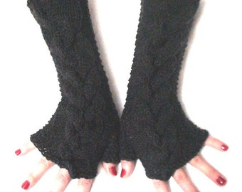Fingerless Gloves Knit Wrist Warmers Charcoal Grey Cabled, Extra Long and Soft