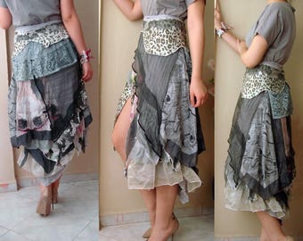 Art to wear Boho wrap skirt, Festival Wear, tattered skirt, Layered look fairy costume. recycled upcycled clothing