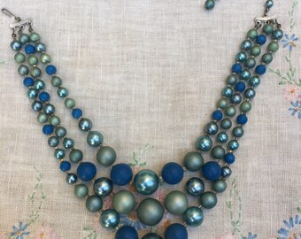 Vintage Blue Bead Triple Necklace