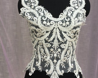 Large Boidce 3D Heavily Bead Bodice Lace Applique for Haute Couture , Bridal Gown Illusion Back Applique