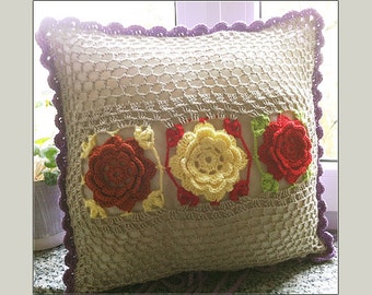 Decorative Pillowcase,Handmade,schabby chic vintage,Rosen,Original,patchwork,crochet,knitted,home decor,decoration,original,designer,beige