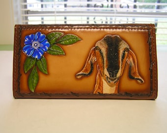 Leather Ladies Wallet with Wood grain Pattern on front and Nubian Goat, blue flower and wood grain design.
