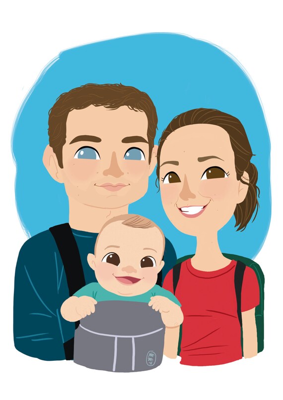 PERSONALIZED FAMILY PORTRAIT 3 members cartoon funny.