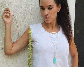 Long Necklace Chalcedony Pendant, Long Layering Necklace, Gemstone Statement Necklace, Teardrop Pendant Gold Necklace, Long Stone Necklace
