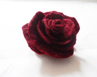 Felted Flower Brooch Pin Corsage Wool Red Burgundy Rose