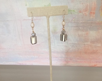 Pearl and pyrite drop earrings