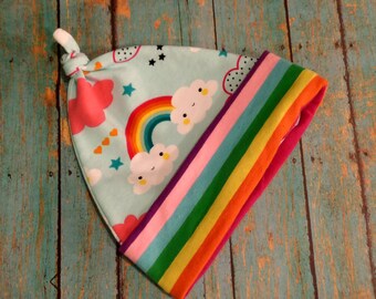 Rainbow Baby Hat, Rainbows and Clouds Knotted Hat, Newborn Baby Hat, Infant Photo Prop Hat, Beanie Hat, Baby Shower Gifts