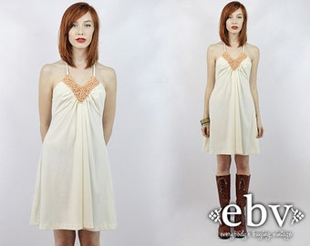 Crochet Dress Hippie Dress Hippy Dress Boho Dress Wedding Dress 1970s Dress 70s Dress Cream Dress Vintage 70s Cream Crochet Mini Dress XS S