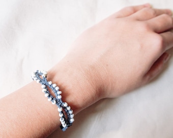 Blue Grey Seedbead Woven Bracelet, Beaded Knotted Friendship Bracelet