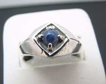 Mens Custom Heavy Sterling Silver Oval Blue Star Sapphire Ring