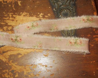 Tattered Tea Stained Fabric Ribbon Petite Lavender with Peach Roses Rare Fabric 2