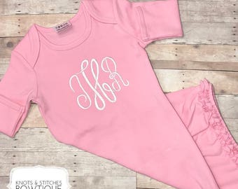 Embroidered Monogrammed Ruffle Gown